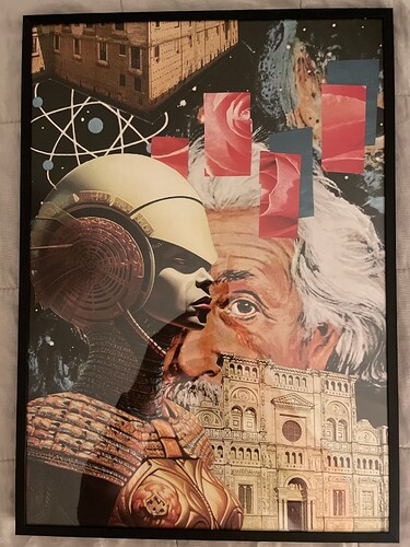A collage featuring Albert Einstein, roses, buildings, and futuristic beings
